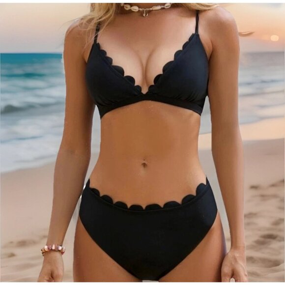 CUPSHE Women  2 Piece Swimsuit M Black Scalloped  V Neck Crisscross Self Tie - Picture 1 of 9